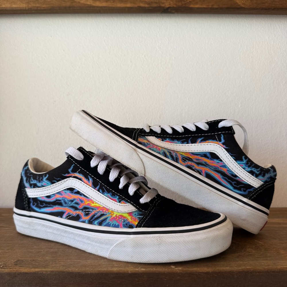 Vans Old Skool Neon Lightning Bolt Flame Black Sneakers Mens 5.5 Womens 7.0